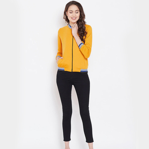 Blouson aviateur en molleton de coton jaune à manches longues pour femmes col montant Logo personnalisable Service OEM tricoté respirant disponible - Product Image 4