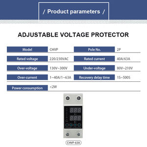 Adjustable 240V Dual <strong>Display</strong> Digital Relay Overvoltage and Undervoltage Protector <strong>Device</strong> 40A 63A Rail Voltage Protector - Product Image 3