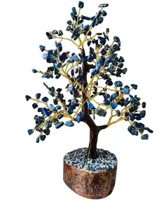 天然ラピスラズリツリー盆栽マネーツリーオブライフ、ラピスラズリクリスタル300チップツリー天然石インド化石製品