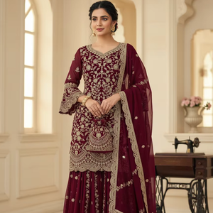 Conjunto de Salwar Kameez Sharara de 3 Piezas de Poliéster con Aspecto de Georgette de Lujo para Mujer, Diseño Indio Pakistaní para Fiestas, con Lentejuelas - Product Image 1