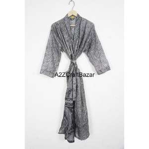 Robe kimono en soie indienne faite à la main, col en V, fermeture à cordon, manches trois quarts, design patchwork, élégante pour femmes, quatre saisons - Product Image 5