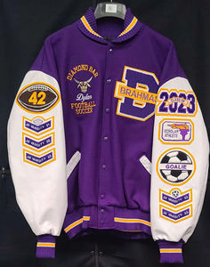 Chaqueta Varsity de Béisbol Personalizada con Bordado de Primera Calidad, Cuerpo de Lana Azul, Mangas de Cuero Blanco, Chaquetas Escolares - Product Image 3