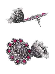 Best Selling High Grade Pink Crystal Geometric Stud Earrings Oxidised <b>Silver</b> Long <b>Jhumka</b> Earrings for Women & Girls - Product Image 4