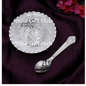 Cuenco plateado alemán hecho a mano con juego de cuchara y bandeja Diseño clásico ecológico para bodas-Metal personalizado - Product Image 1