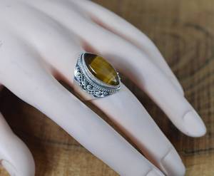 <b>Tiger</b> <b>Eye</b> Marquise Natural Gemstone <b>Ring</b> Bezel Setting 925 Sterling Silver Rhodium Plated Fancy Design Elegant Women's Jewelry - Product Image 3