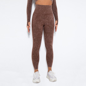 Mujeres ácido lavado Fitness gimnasio ropa cintura media transpirable Spandex/poliéster mallas sin costuras impresión personalizada pantalones de secado rápido - Product Image 3