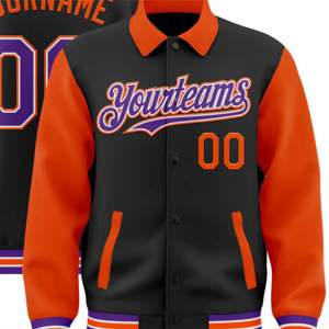 Custom Negro Púrpura-Naranja Bomber Full-Snap Varsity Letterman Dos Tonos Solapa Collar Byron Chaqueta - Product Image 6