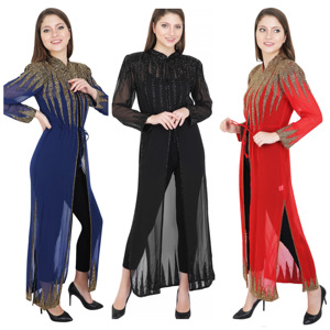 Caftan de luxe modeste ouvert sur le devant Abaya robe de mariée en crêpe brodée perlée à la main pour les femmes avec vente d'appliques de cristal chaud - Product Image 5