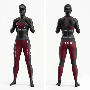 <b>Women</b> Boxing Sports Bra <b>Leggings</b> 260g 100% Cotton Striped Maroon <b>Grey</b> Custom Logo Workout Set 2 Piece Washed Crystal - Product Image 1