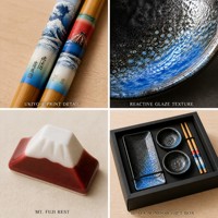 Service de table japonais en céramique bleue et noire, assiettes motif Mont Fuji, baguettes Ukiyo-e, pour 2 personnes, coffret cadeau, vente en gros, personnalisable