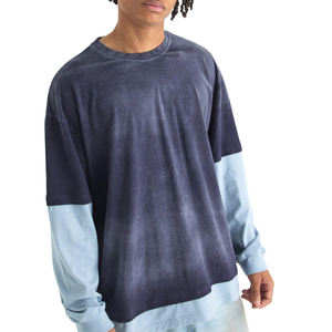 T-shirt pour homme en coton uni de longueur standard, tendance, col rond, manches doubles, délavé à l'acide, en vente - Product Image 2