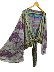 Free Size Short Silk Top Wrap dress Vintage Sari Fabric wrap top Floral Print Boho Top - Product Image 4