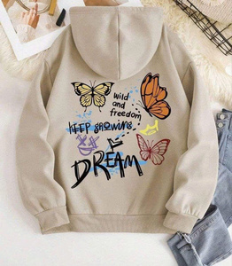 Sudadera con Capucha con Estampado de Mariposa Verde, Estilo Urbano, Felpa Acogedora, Corte Holgado, Moda Juvenil, Cálida, Informal, para Uso Diario - Product Image 4