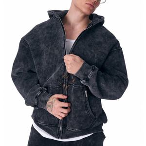 High Quality Zipper Acid Wash Tracksuits Winter <b>Hooded</b> Casual Solid Streetwear Vintage Fleece Cotton Custom Unisex OEM - Product Image 3