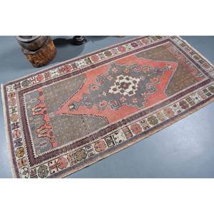 Alfombra turca Vintage, diseño de retazos rojo y gris, área grande, Material de lana de 3,7x6,8 pies con respaldo de látex para pasillo o dormitorio - Product Image 2