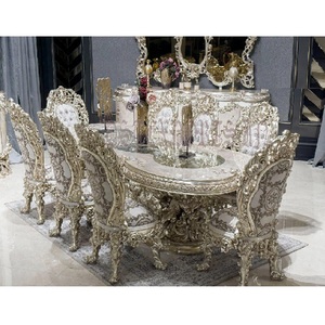 Ensemble de table à manger en teck ultra-luxe sculpté avec des motifs doubles et lourds pour salle à manger - Product Image 1