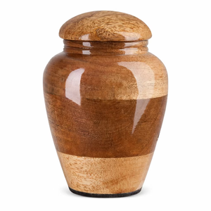 Urne funéraire classique en bois à finition lisse avec corps arrondi à grain naturel bicolore et design commémoratif traditionnel - Product Image 1