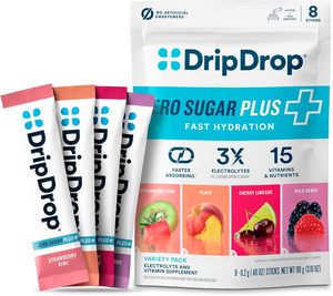 DripDrop Zero Sugar Plus - Mezcla de Bebida en Polvo con Electrolitos - Fresa, Kiwi, Melocotón, Limonada de Cereza, Bayas Silvestres, 8 Sobres - Product Image 4