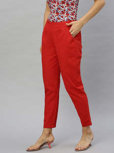 Pantalon décontracté confortable pour femmes, coupe régulière, en coton rouge slub, tissu doux et respirant pour le travail quotidien, les voyages - Product Image 2