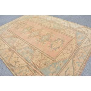 Tapis turc vintage 7,8x12,8 pieds, motif patchwork orange et vert, en laine, avec support en latex, pelucheux, écologique, traditionnel, pour salle à manger - Product Image 4