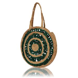 Sac à main bohème rond en jute avec motif ajouré vert, deux poignées, sac de plage d'été fait main pour femmes - Product Image 3