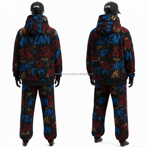 ชุดวอร์มขนแกะสำหรับผู้ชายชุดวอร์มสีดำแดงน้ำเงินพิมพ์ลายกราฟฟิตีโลโก้และลายทาง - Product Image 2