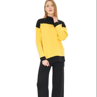 Suéter de Cuello Redondo con Bloques de Color Amarillo y Negro para Mujer, Manga Larga, Corte Holgado, Conjunto de Punto Informal para Otoño