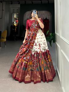Lehenga choli & dupatta ไหมทัสซาร์พิมพ์ลายกาลัมคาริพร้อมฟอยล์ทำงานส่งออกอินเดีย - Product Image 2