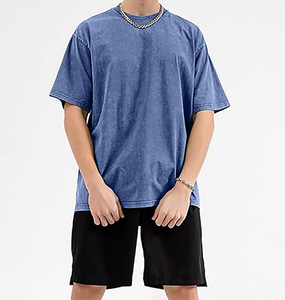 เสื้อยืดสีพื้นสำหรับผู้ชายเสื้อล้างกรดคอกลมแขนสั้นเสื้อโอเวอร์ไซส์ผ้าฝ้ายสำหรับฤดูร้อน - Product Image 5