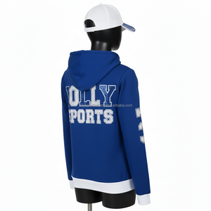 Sudadera con Capucha de Felpa de Algodón para Mujer en Azul con Paneles Blancos en los Puños, Rayas en las Mangas y Logotipo Personalizado con Pedrería - Product Image 5