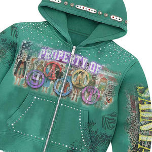 Sweat à capuche court en molleton ample personnalisé 100% coton, fermeture éclair, délavage acide, décoloration au soleil, strass, effet délavé, pour l'hiver - Product Image 2