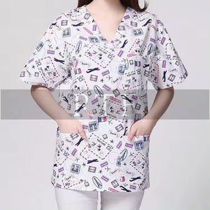 Uniformes de enfermera de manga corta con cuello en V unisex personalizados al por mayor 100% algodón Transferencia de Calor/impresión digital crudo fino - Product Image 5