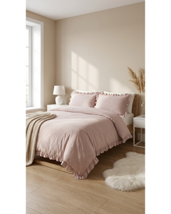 Parure de lit double 4 pièces en polycoton rose poudré style princesse, avec housse de couette à volants, drap-housse et taies d'oreiller pour usage domestique - Product Image 5