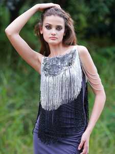 Robe de soirée pour adolescentes, col montant, taille naturelle, mini, à franges, avec soutien-gorge intégré, 100% polyester, été, noir - Product Image 3