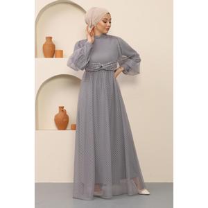 Grey MSW12238-5 Evening Dress with Pearl Detail <b>Tulle</b> <b>Material</b> Polka Dot Pattern Maxi Length Natural Waistline - Product Image 1