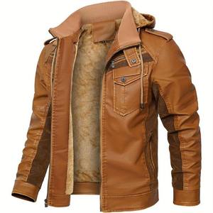 Veste en cuir d'hiver vintage chic pour hommes et femmes avec doublure en coton coupe-vent et respirant à capuche en fausse fourrure - Product Image 1