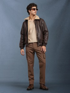 Veste bomber à capuche en cuir véritable marron pour homme, style vintage, vêtement d'extérieur décontracté, doublure en polaire zippée, chaud pour l'hiver - Product Image 3