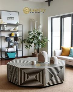 Table basse à tiroirs en os incrusté, meuble en bois artisanal au design esthétique sophistiqué - Product Image 2