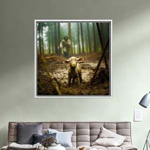 Lienzo impreso: arte de ovejita adorable en el bosque, decoración rústica de la naturaleza, con marco blanco - Product Image 1