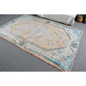 พรมตุรกีโบราณสีเบจสีน้ำเงินขนาด5.7x8.8ฟุตงานเย็บปะแบบคลาสสิกห้องนอนขนแกะขนาด10มม. โถงทางเดินสี่เหลี่ยมผืนผ้า - Product Image 4