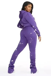 OEM personalizado de las mujeres de peso pesado de moda Jogger Suit 100% personalizado con capucha pantalones acampanados chándal con patrón sólido - Product Image 3