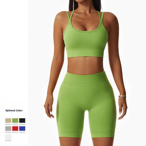 Conjuntos largos de 2 piezas de alta calidad para mujer, Sujetador deportivo de entrenamiento de gimnasio de melocotón para mujer, pantalones cortos, conjuntos de Yoga sin costuras acanalados para mujer - Product Image 3