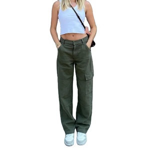 Jeans cargo pour femmes, taille mi-haute, en denim, coton élasthanne, respirant, avec poches, boutons, pantalon décontracté de rue - Product Image 1
