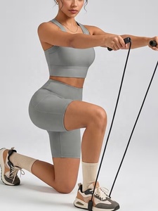 Wholesale Grey Gym OEM Yoga & Fitness Yoga Set High Waisted Shorts Racerback Sports Bra Seamless Pockets Four-Way Stretch - Product Image 3