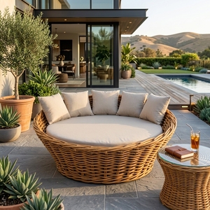 Natural Chunky Rattan Round Outdoor <b>Daybed</b> Cream Round <b>Mattress</b> Pillow Accent Patio Sunbed Setup Decor Pure Art Room Design - Product Image 3