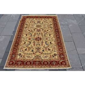 Vintage Turkish Wool Area <b>Rug</b> Red Beige Patchwork Design <b>Large</b> Rectangle 3.9ft X 5.6ft 10mm Thickness Latex for Hallway <b>Bedroom</b> - Product Image 1