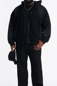 Sudadera con Capucha para Hombre, 100% Algodón, con Pedrería, Lavado Ácido, Talla Grande, Cierre Completo, Personalizada, Gruesa, con Hombros Caídos - Product Image 4