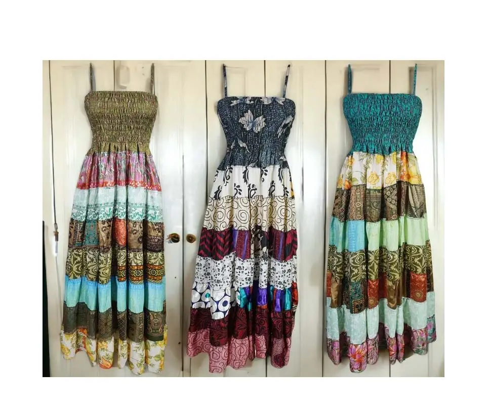 Hermoso vestido de súper alta calidad, indio Vintage Sari reciclaje seda bohemio Boho Festival étnico verano vestido de tamaño libre