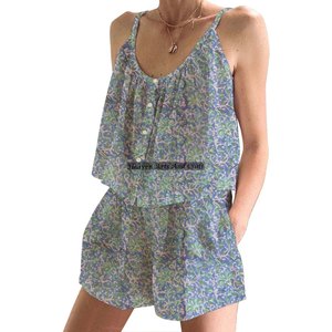 Pure Cotton <b>Women's</b> Trim Neck Dress Hand Block Printed Shorts <b>Pajama</b> Set Spring/<b>Summer</b> Floral Sleeveless PJ Set - Product Image 3