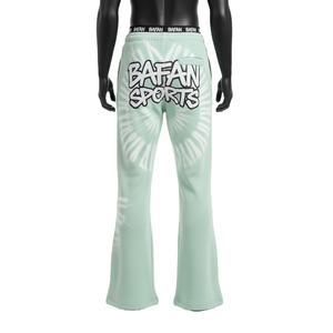 Pantalones de Hombre de Algodón Premium con Corte Acampanado, Tela de Felpa Cepillada, Verde Menta con Paneles en las Rodillas en Contraste, Logotipo Personalizado con Impresión Serigráfica - Product Image 2